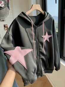 Comfortcana Áo hoodie có dây rút, vai khoét hình ngôi sao, tốt nghiệp, trang phục trở lại trường, tốt nghiệp, trang phục giáo viên dành cho nữ, trở lại trường vào mùa thu/đông - Xám - Xem 4