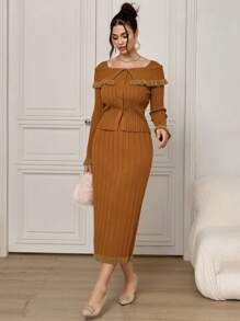 Modelyn 2-częściowy elegancki zestaw kardigan i spódnica w kontrastowym kolorze, wiosenno-jesienny, dla kobiet - Sekwoja - Zobacz 4