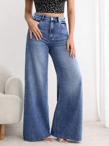 EMERY ROSE Women's Loose Casual Pocket Design Wide Leg Jeans