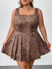 SHEIN CURVE+ Mono de verano con estampado de leopardo, sin mangas y cordón para tallas grandes y curvilíneas