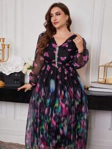 Modelyn Plus Size Elegant Floral Print Dress, Elegant Luxury Party Night Dress Autumn Winter Elegant, A Line Dresses