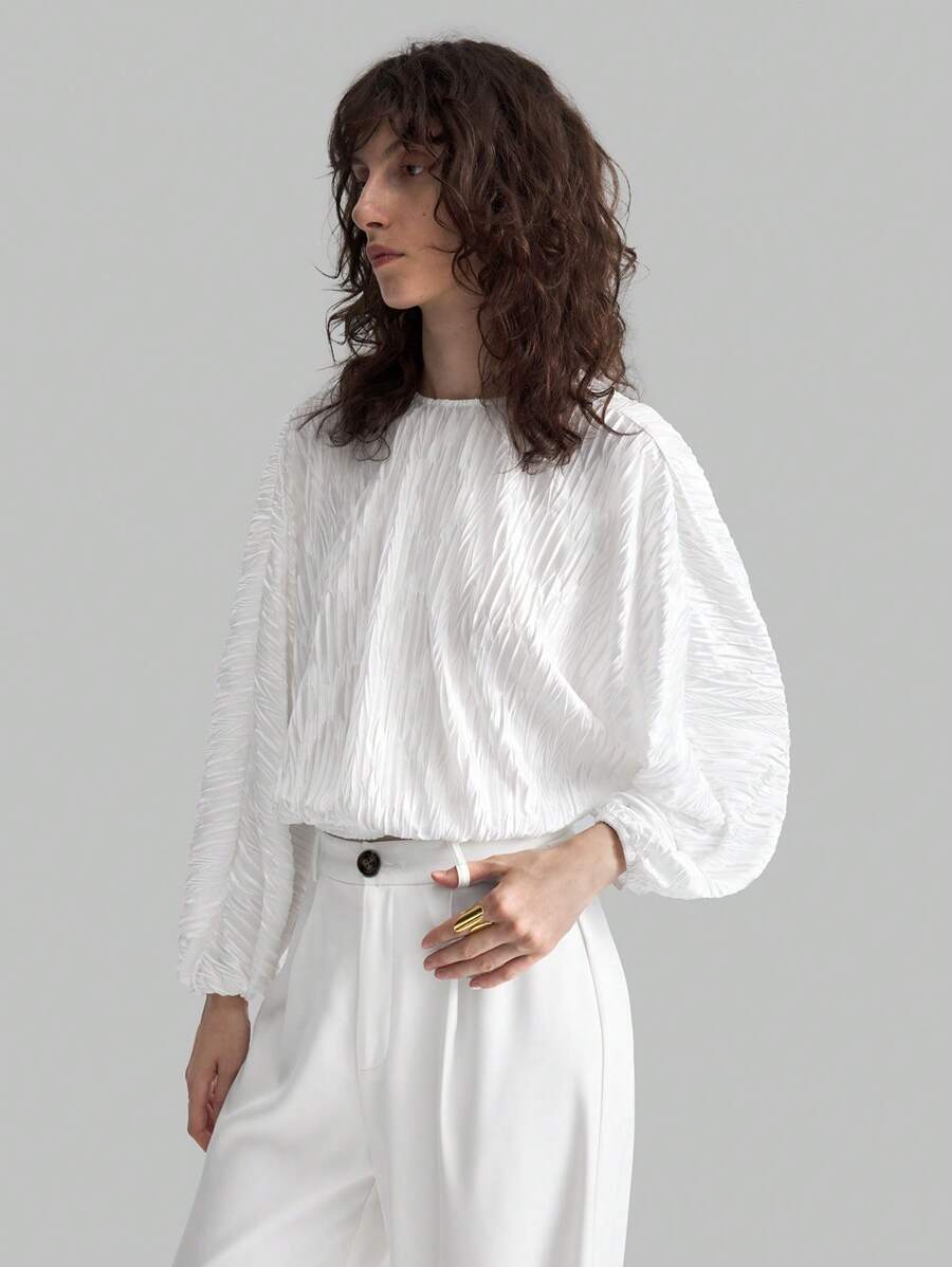 Ontre White Ruffled Sleeves, Round Collar, Elegant Women's Shirt, Fashionable And Simple Design, Easy To Match And Show Elegant - White - View 1