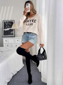 Chiquease Women Casual Coffee Themed Pullover Sweater