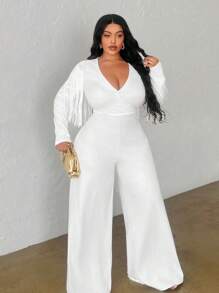 Slaydiva 大码优雅奢华 V 领长袖流苏阔腿连体裤 - 白色，秋冬 - 白色 - 查看 6