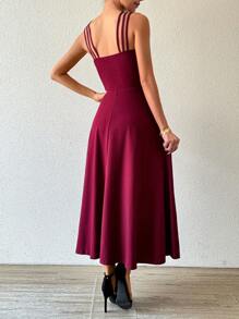 Chiquease 女士优雅纯色束腰细肩带连衣裙，夏季 - 酒紅色 - 查看 2