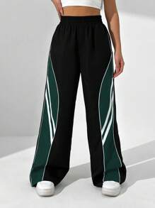 StreetHx 女士松紧腰条纹阔腿宽松休闲裤 - 墨綠色 - 查看 3