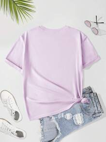 INAWLY 女式夏季宽松动漫人物图案圆领落肩 T 恤，图案 T 恤图案 T 恤女式上衣 - 紫色 - 查看 2