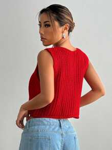 Flirla 正面纽扣、无袖、时尚、百搭、简约针织上衣 - 紅色 - 查看 2