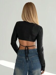 Aloruh 女式长袖圆领金属涂层露背系带修身 T 恤，秋冬 - 黑色 - 查看 1