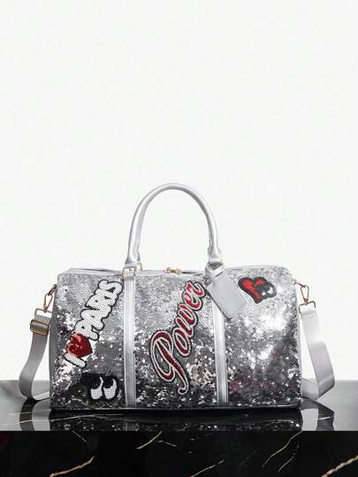 SHEIN SXY Women's Fashionable Silver Sequined Patchwork Travel Tote Bag, Shoulder Bag, Outdoor, Gym