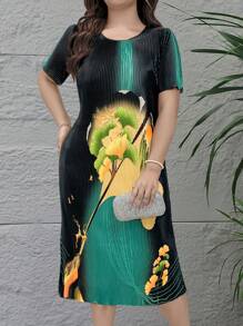 SHEIN Vestido casual con cuello redondo, manga corta, estampado floral y dobladillo con volantes para tallas grandes - Negro - Ver 1