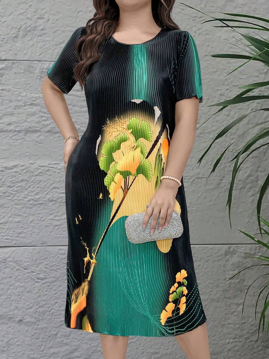 SHEIN Vestido casual con cuello redondo, manga corta, estampado floral y dobladillo con volantes para tallas grandes - Negro - Ver 1