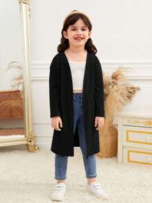 SHEIN Jaqueta Casual Confortável para Menina Jovem, Frontal Aberto, Manga Longa, Cor Sólida Sem Bolso, Outono(9), Inverno(2), Preto