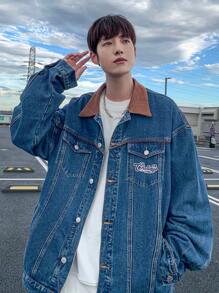 Manfinity Hypemode 男式深蓝色复古水洗休闲牛仔夹克 - 深色水洗藍 - 查看 6