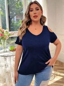 SHEIN LUNE Plus Size Solid Color V-Neck Short Sleeve Off Shoulder Casual T-Shirt, Daily Wear - Blue - View 6
