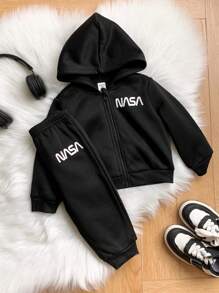 SHEIN 2 件套男婴纯色保暖内衬休闲连帽上衣和松紧腰裤套装，适合秋冬季 - 黑色 - 查看 3