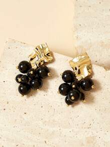 SHEIN 18k Gold Plated Asymmetrical Black Bead Dangle Earrings - Black - View 2
