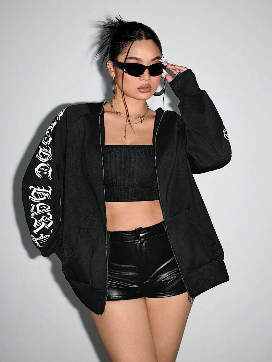 SHEIN ICON 加大码黑色字母图案拉链插肩袖卫衣 - 黑色 - 查看 1