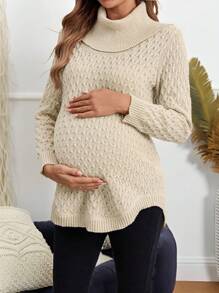 SHEIN Pregnant Women Turtleneck Long Sleeve Cable Knit Sweater, For Maternity, For Winter - Apricot - View 1