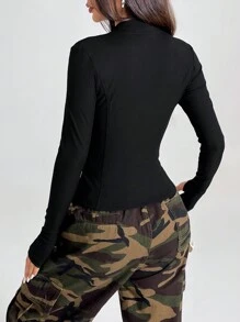 SHEIN PETITE Women's Zip Up Thumb Holes Black Jacket In Fall/Winter - Black - View 2