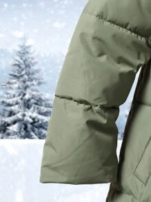 Manteau matelassé long décontracté et ample avec capuche en fourrure et motif de lettres pour filles pré-adolescentes en hiver - Militaire verte - Voir 4