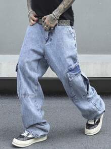 PAVTROS Quần Jeans Cargo Túi Nắp Rộng Cho Nam - Rửa nhẹ - Xem 7