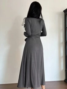 DAZY 针织前系带腰部收腰休闲连衣裙 - 黑色 - 查看 6