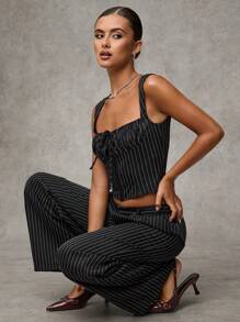 SHEIN BAE 女士系带宽肩带条纹背心，休闲日常穿着 - 灰色 - 查看 5