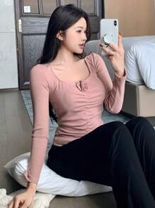 DAZY Lace Decorated Ruched Design Ribbed Knit Slim Fit Pajama Top Fall,Winter - Pink - View 5