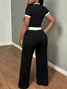 SHEIN SXY 2pcs Plus Size Black & White Contrast T-Shirt And Pants Set - Black - View 2