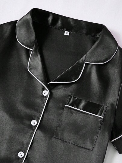 Contrast Faux Zijden Collared Pajama Set view 6