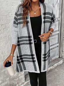 SHEIN Clasi Long Sleeve Plaid Cardigan Top, Casual Everyday Wear - Grey - View 6