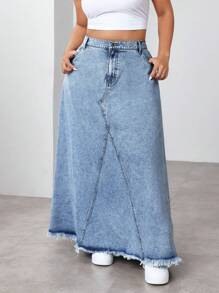 SHEIN EZwear 大码休闲牛仔裙，带蝴蝶结装饰和口袋 - 淺色水洗藍 - 查看 3