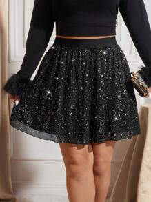 SHEIN Frenchy A-Line Minimalist Short Black Plus Size Skirt, Party Season - Black - View 4