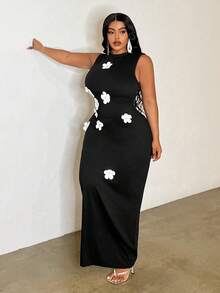Slaydiva Váy thu họa tiết hoa không tay bó sát cỡ lớn thanh lịch màu đen - màu đen - Xem 3