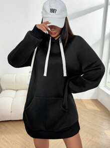 SHEIN EZwear 女式春秋长袖抽绳连帽休闲针织黑色迷你连衣裙 - 黑色 - 查看 4