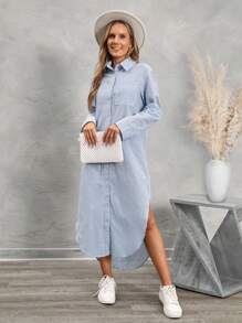 SHEIN LUNE Women's Striped Button-Front Asymmetrical Hem Casual Midi Dress - Blue and White - View 1