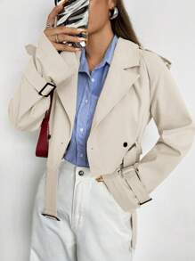 SHEIN EZwear Khaki Color Woven Cropped Women's Lapel Neck Long Sleeve Casual Trench Coat