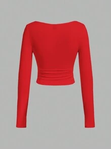 SHEIN EZwear 2pcs Women's Solid Color Crew Neck Ruched Waist Long Sleeve Fitted T-Shirt