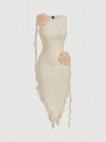 SHEIN MOD 大码黑色花卉印花不对称下摆无袖紧身连衣裙 - 杏色 - 查看 1