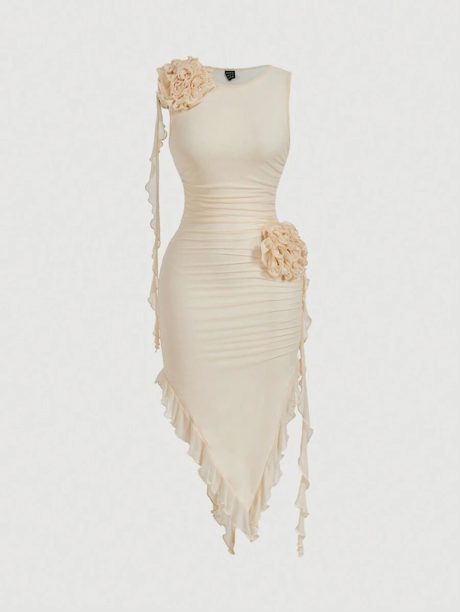 SHEIN MOD 大码黑色花卉印花不对称下摆无袖紧身连衣裙 - 杏色 - 查看 1