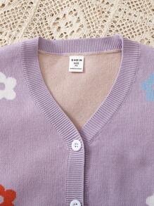 SHEIN Vintaside Kids 2 件套年轻女孩时尚休闲花卉印花开衫和阔腿裤套装，适合日常穿着，舒适柔软的材质，适合秋冬季 - 紫色 - 查看 7