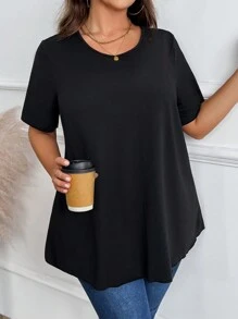 大码纯色圆领短袖休闲上衣