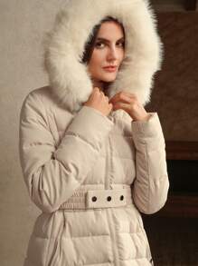 Anewsta Women's Mid-Length Detachable Hood Faux Fox Fur Elegant Belted Padded Coat - Beige - View 4