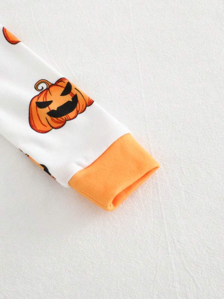 Cozy Pixies Baby Boy 2pcs Snug Fit Pajama Set, Cartoon Pumpkin Skeleton Print Sweatshirt And Elastic Waist Pants, Halloween Outfit - Orange - View 4