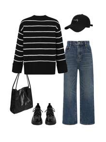 Girls Striped Crew Neck Sweater - Black - View 2