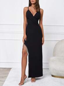 SHEIN Tall Rhinestone Fringe Trim Asymmetrical Hem Cami Dress - Black - View 4