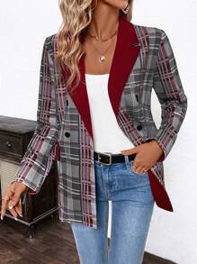 SHEIN Clasi Women's Red Color Block Plaid Lapel Blazer - Multicolor - View 4