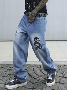 Manfinity EMRG Quần Jeans Dài Baggy In Hình Đầu Lâu Thường Ngày Cho Nam - Màu xanh lam - Xem 3