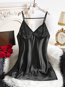 Plus Size Backless Lace-Illusion Faux Silk Dress